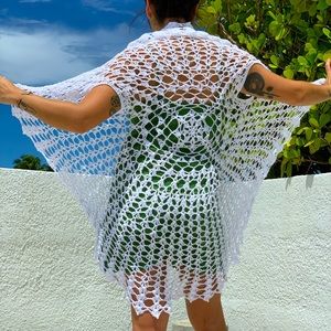 Hand-knit crochet shawl. White. One size fits most. New.